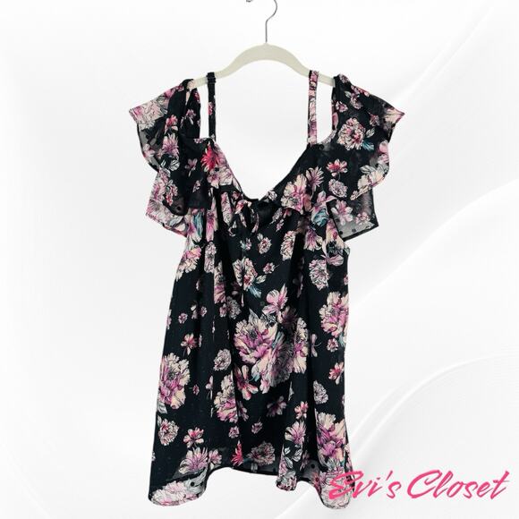 Torrid Black Pink Floral Chiffon Sz 18/20 Cold Shoulder Short Sleeve Top - Picture 2 of 9
